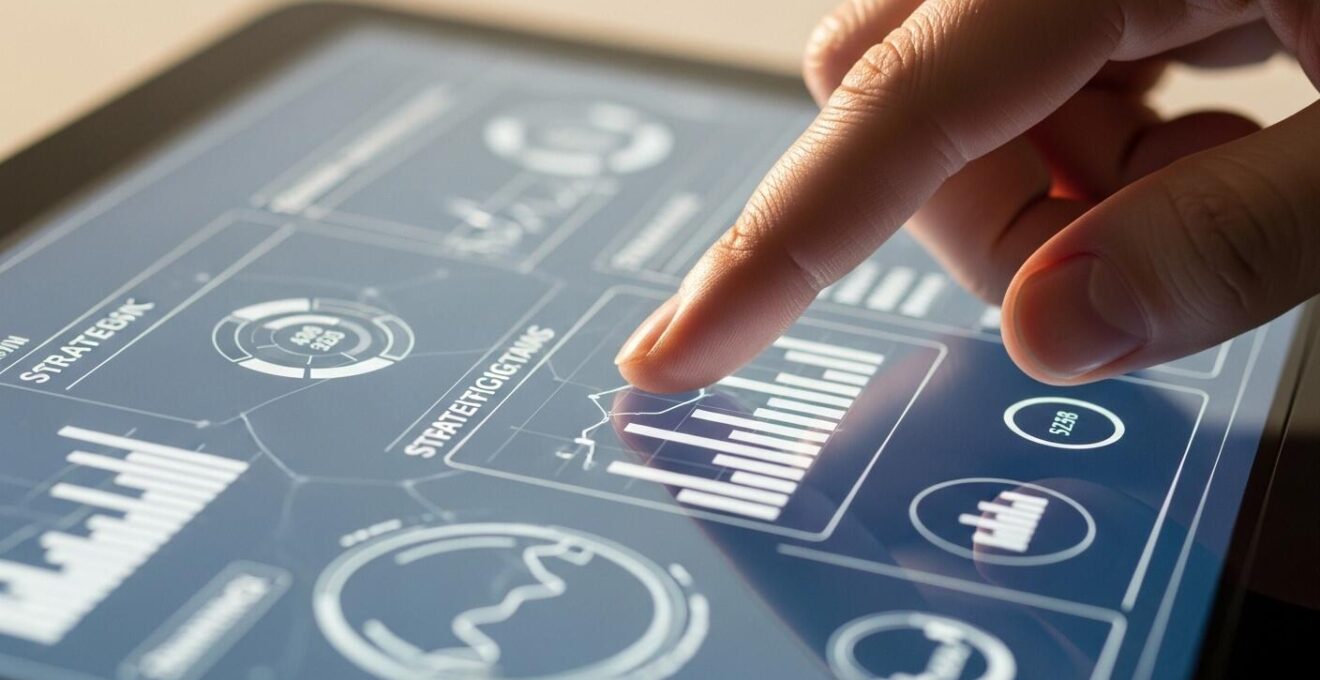 Vue rapprochée d'une main manipulant des données numériques sur un écran tactile
