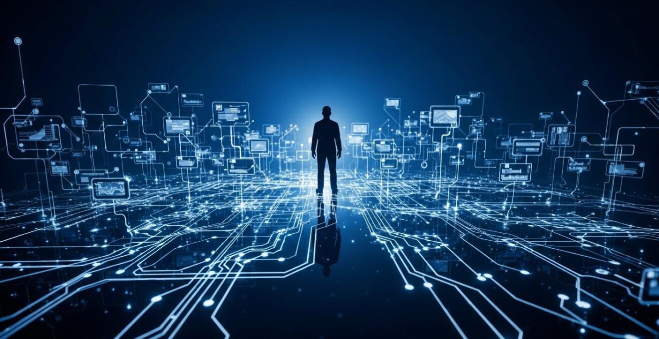 Une représentation symbolique d'un architecte logiciel orchestrant un projet informatique complexe avec des circuits et flux lumineux organisés