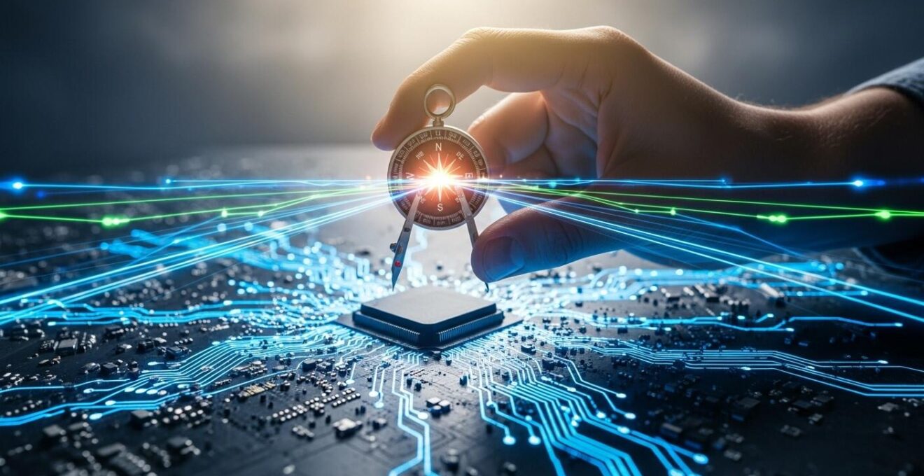 Un architecte logiciel représenté de manière symbolique, tenant une boussole lumineuse, au centre d'un réseau complexe de circuits informatiques, symbolisant le lien entre la stratégie business et le code technique