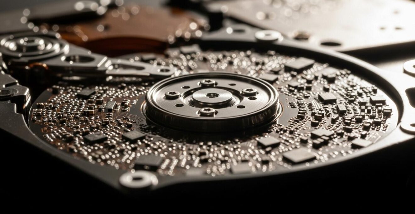 Vue macro d’un disque dur ouvert sur une structure métallique, symbolisant la robustesse invisible d’une base de données.