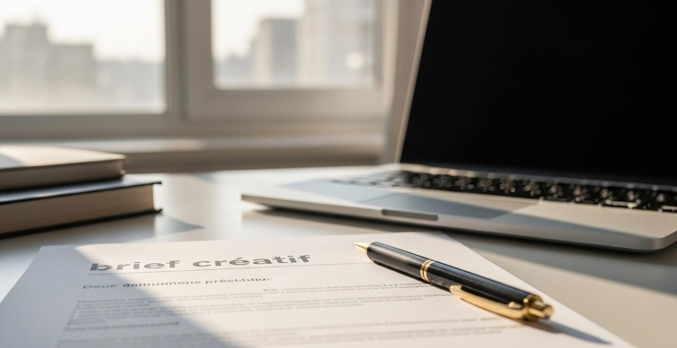 Un document de brief posé sur un bureau avec un ordinateur portable et un stylo, symbolisant une communication claire.