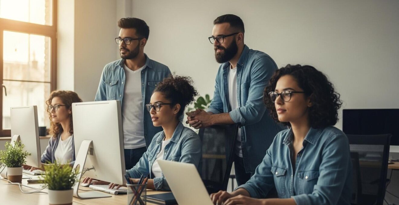 Une équipe de développeurs collaborant dans un espace lumineux, ambiance dynamique symbolisant liberté et créativité en informatique.