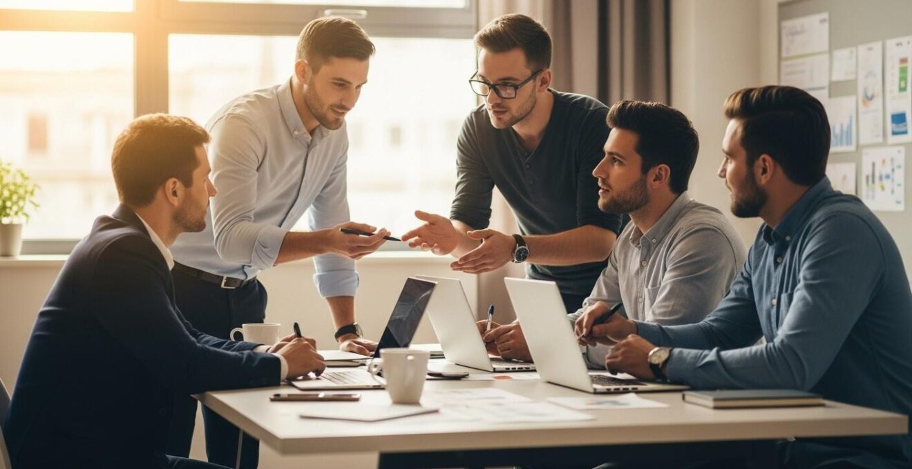 Photo réaliste d'une équipe autour d'une table de travail en pleine réunion de coordination de projet digital, avec un tableau blanc en fond flou