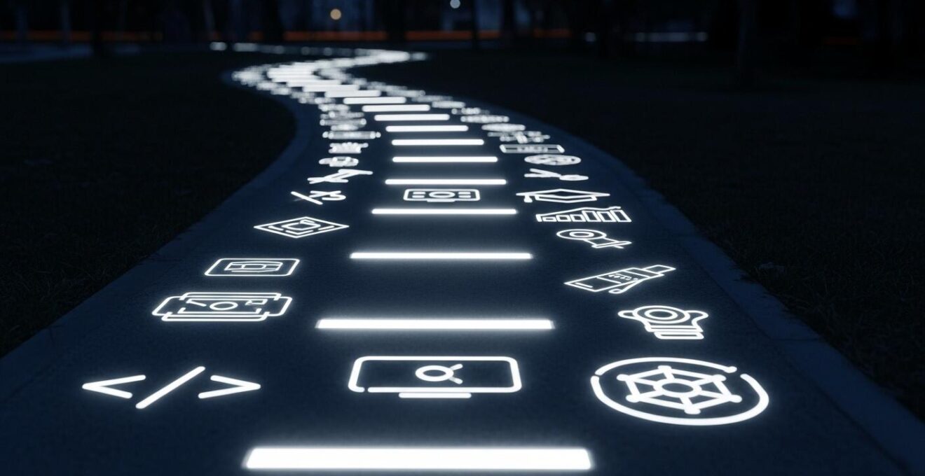 Un chemin symbolique lumineux sous un ciel étoilé avec des icônes de technologies et diplômes floutés sur les côtés