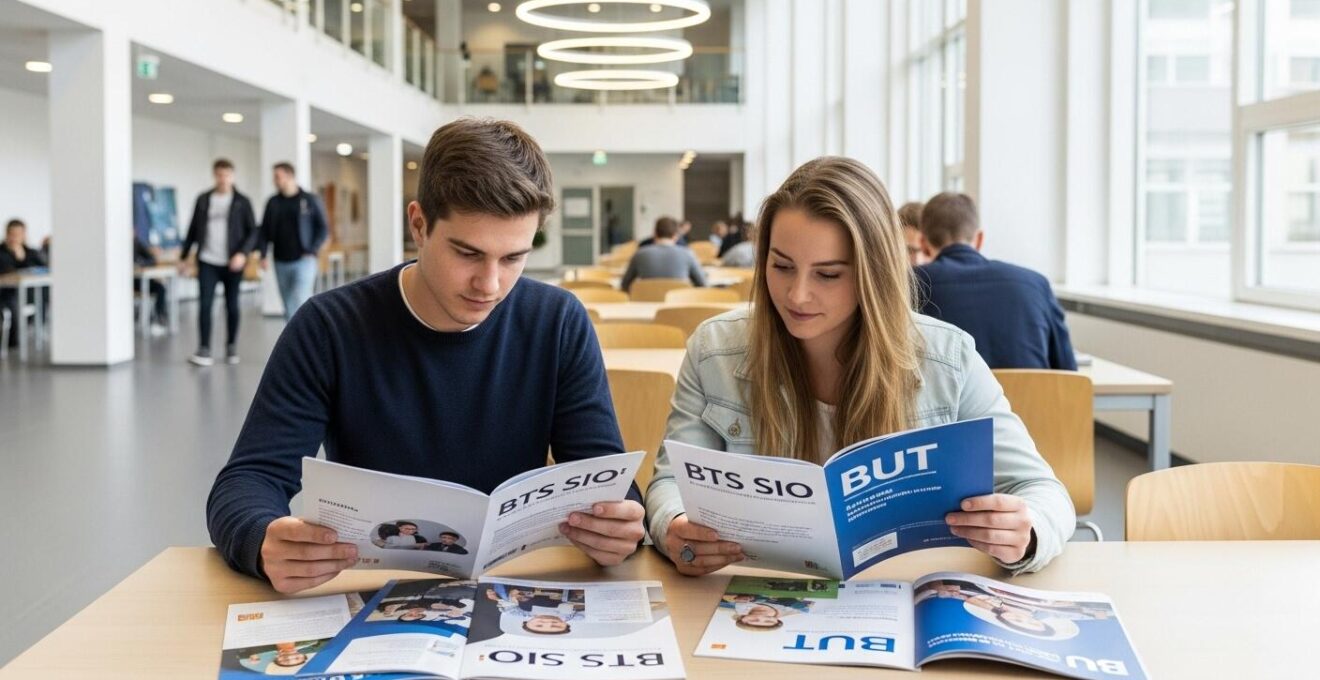 Deux jeunes adultes comparent des brochures de formation en informatique dans un environnement scolaire.
