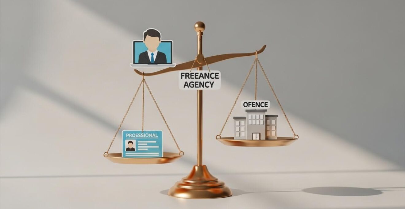 Une balance équilibrant des icônes représentant un freelance, une agence et un salarié, symbolisant le choix stratégique.