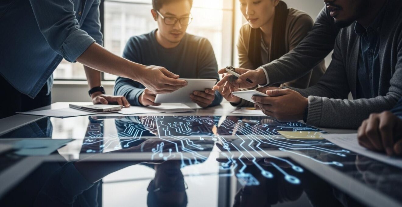 Un groupe mixte de professionnels du web collaborant étroitement autour d'un écran d'ordinateur avec des éléments graphiques symbolisant la technique et l'humain