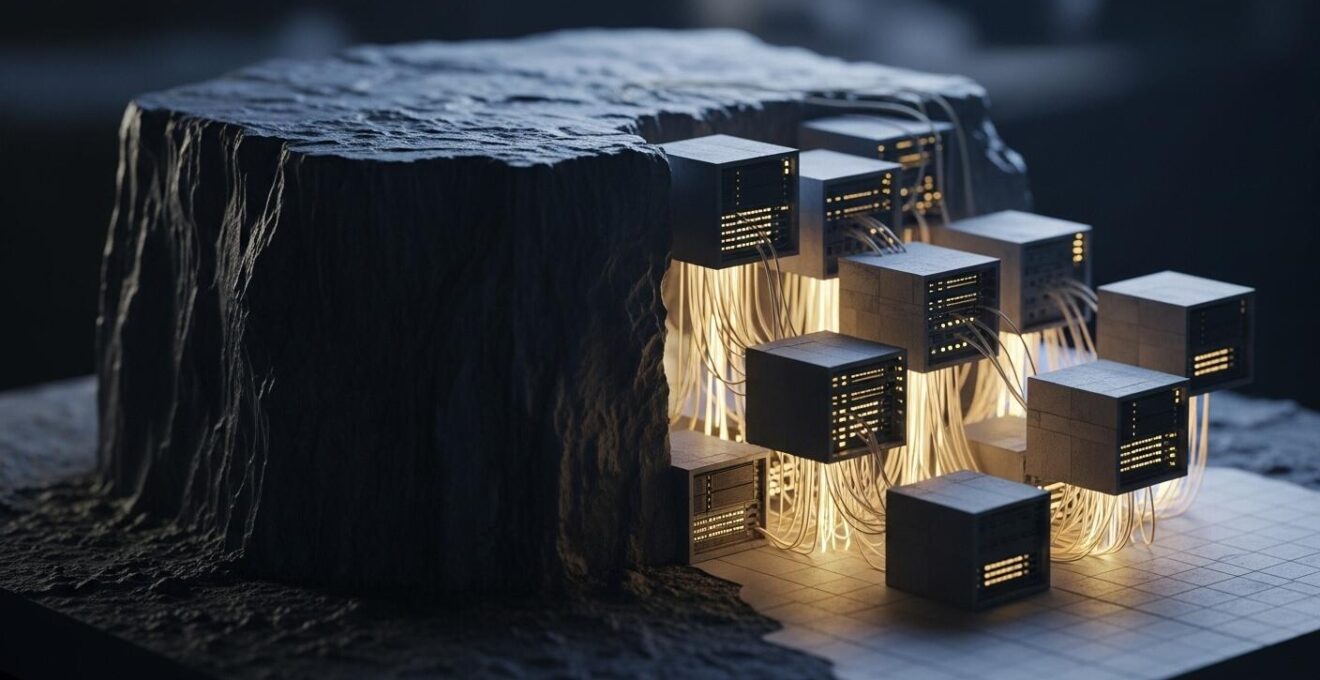 Illustration symbolique représentant deux architectures logicielles distinctes : un monolithe solide et un ensemble de microservices interconnectés