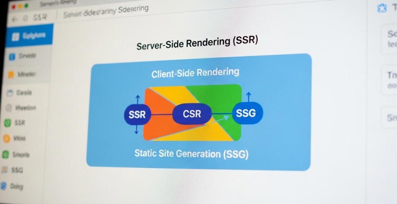 Diagramme conceptuel illustrant les différences entre SSR, CSR et SSG pour les applications web.