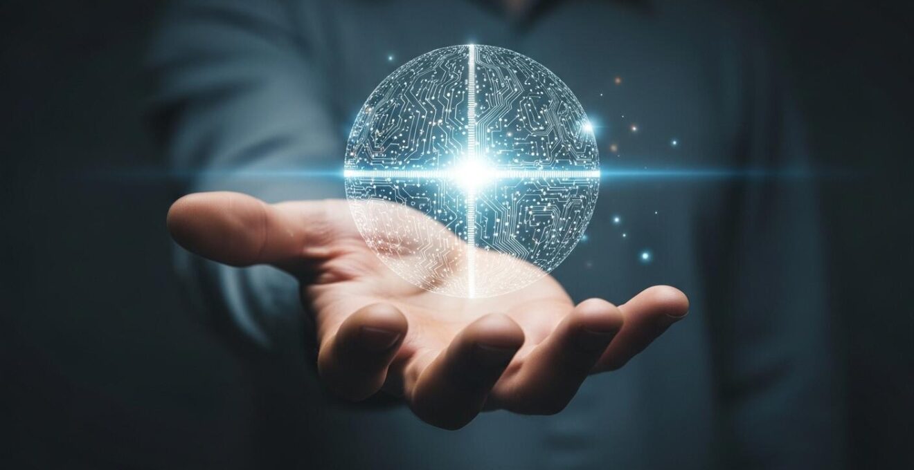Main ouverte tendant une boule lumineuse digitale, symbole des soft skills en informatique.