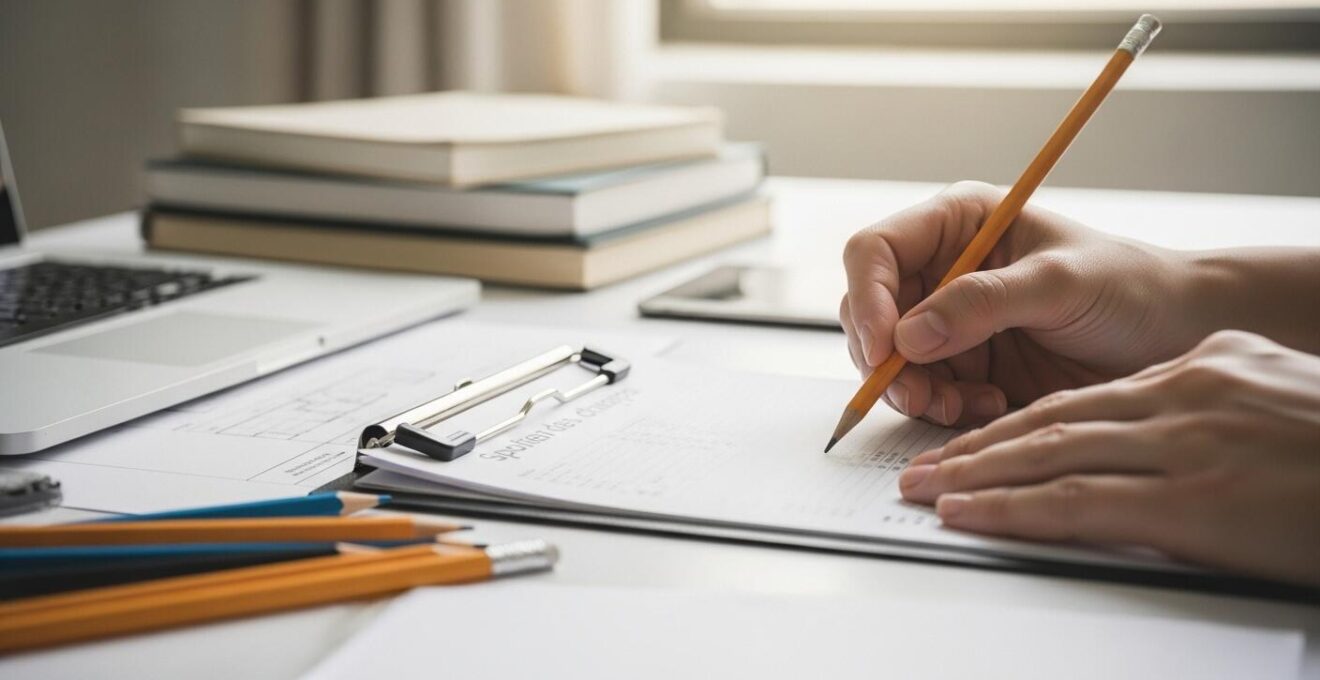 Un bureau avec des plans et croquis organisés méticuleusement, symbolisant la structure et la clarté d’un cahier des charges