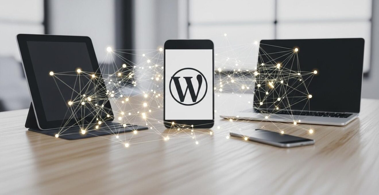 Composition symbolique montrant une plateforme digitale versatile et connectée, métaphore pour WordPress