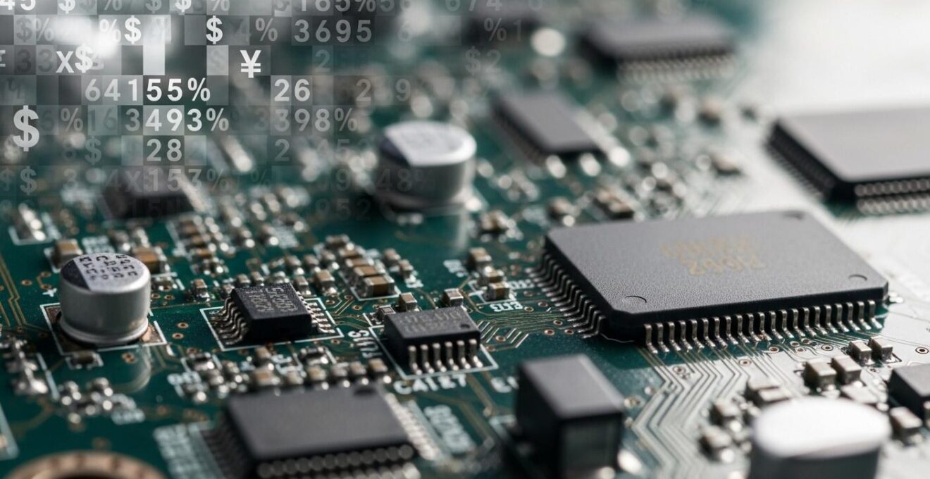 Détail macro d'un circuit imprimé montrant des composants électroniques avec chiffres financiers flous en arrière-plan