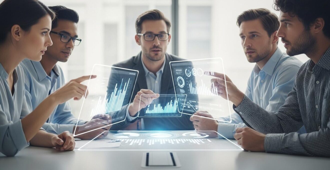 Illustration conceptuelle d'une équipe d'entreprise partageant des données de manière collaborative