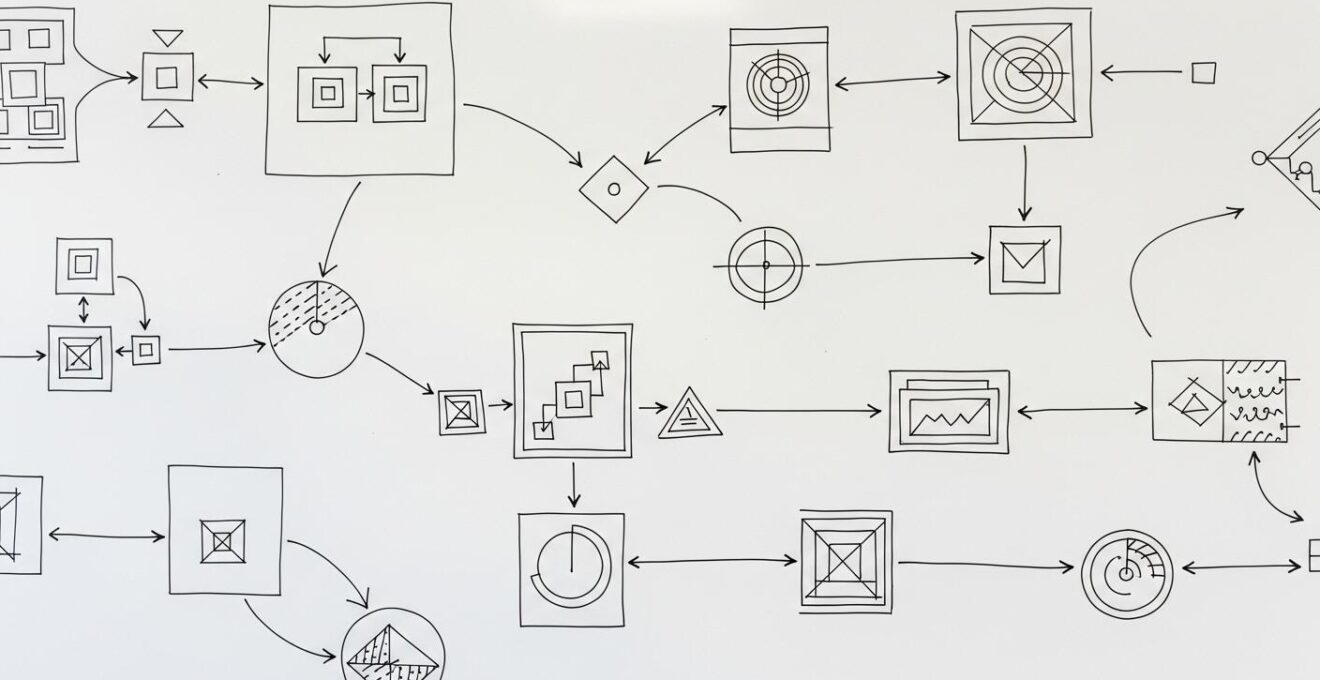 Photographie documentaire d'un tableau blanc avec diagrammes de composants interconnectés symbolisant un design system