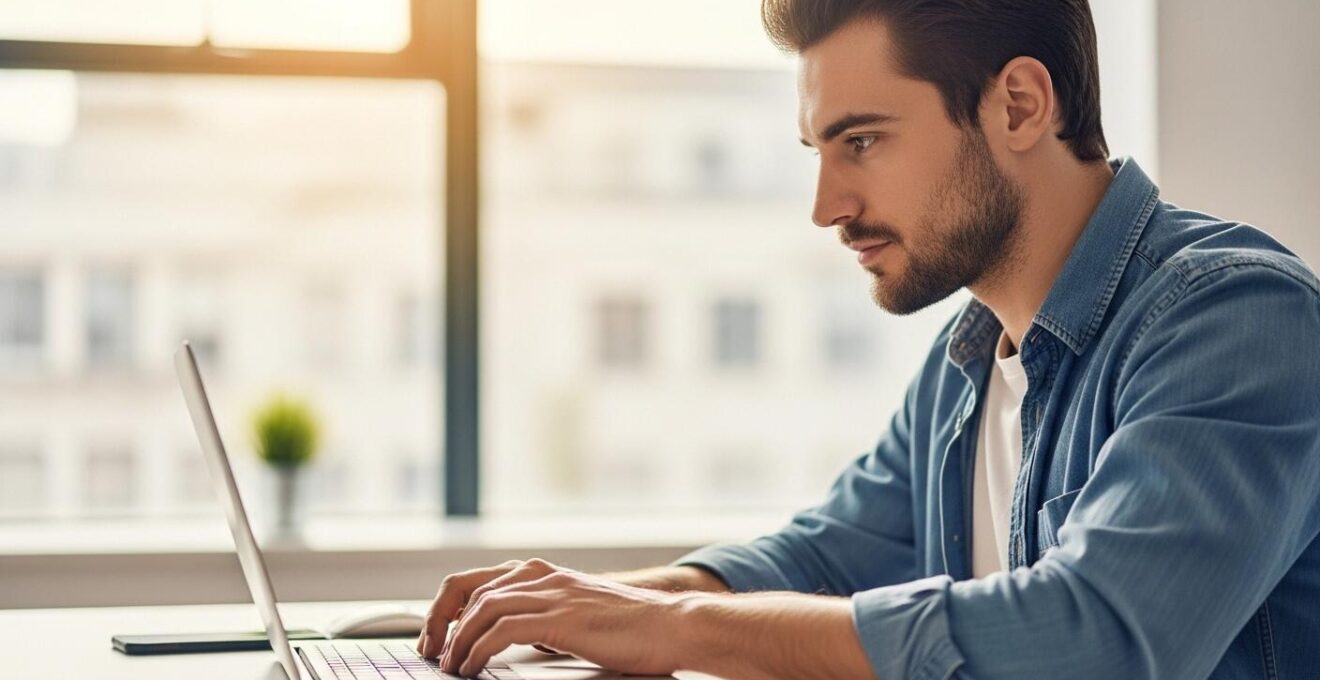 Jeune développeur concentré travaillant sur un ordinateur portable dans un environnement de bureau moderne et lumineux