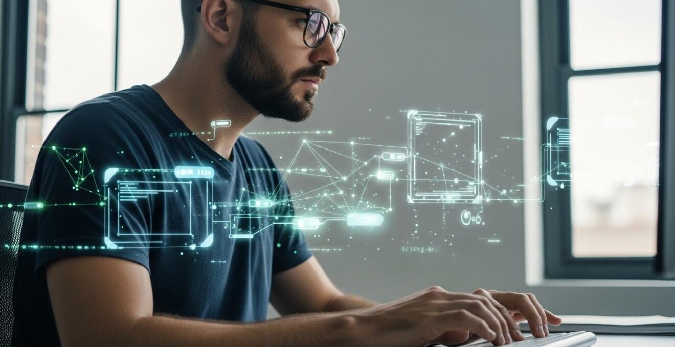 Photographie montrant un développeur concentré codant entouré d’une interface de framework représentée en réalité augmentée