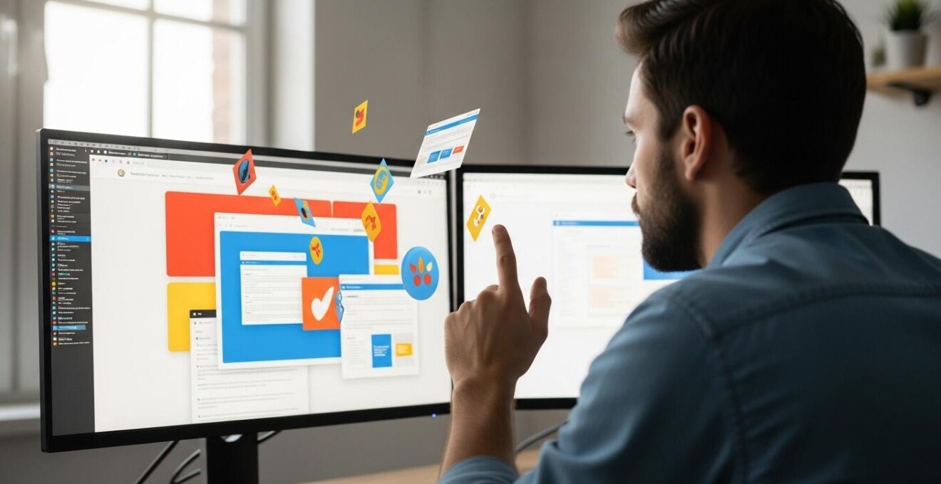 Un développeur front-end travaillant sur un écran avec des éléments d'interface web lumineux autour de lui
