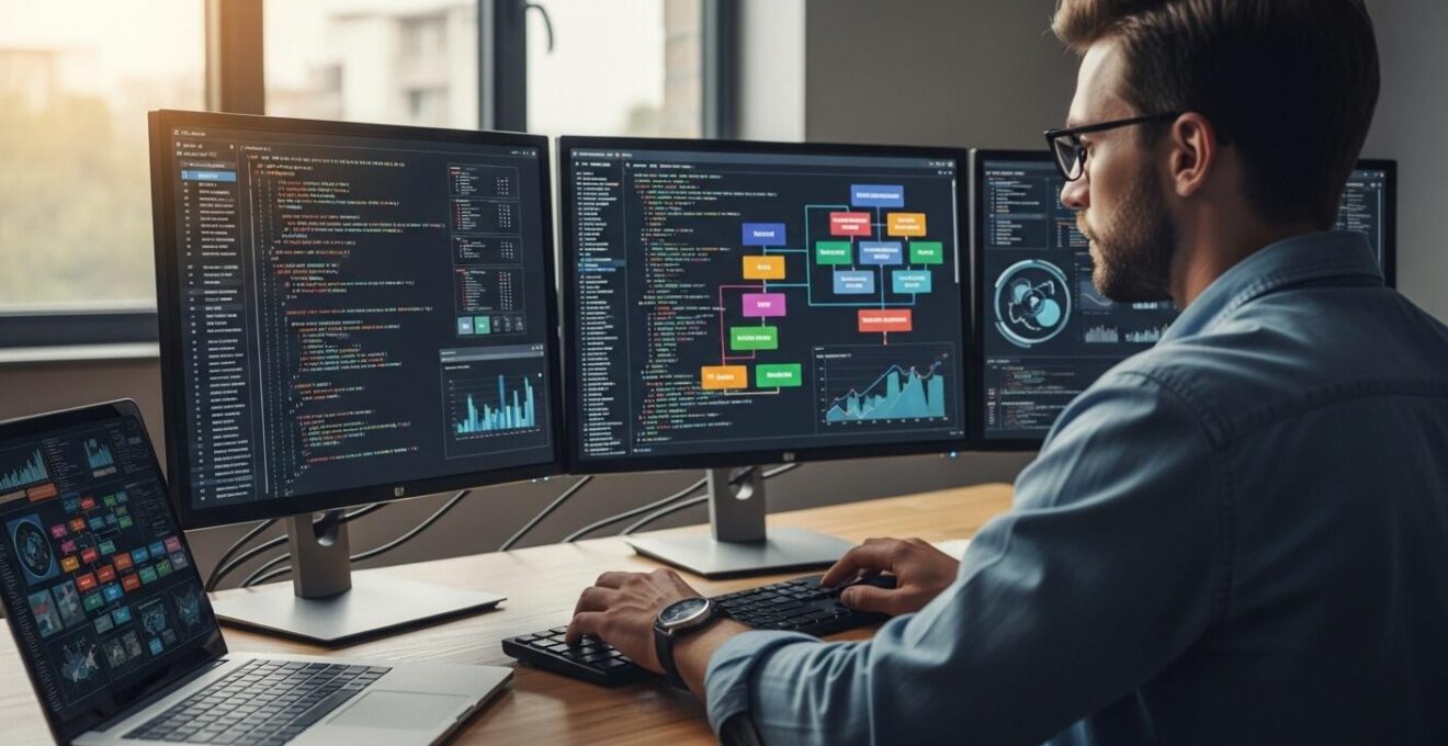 Un développeur full-stack multitâche devant plusieurs écrans avec des éléments de code et une interface utilisateur visible, symbolisant la polyvalence technique.