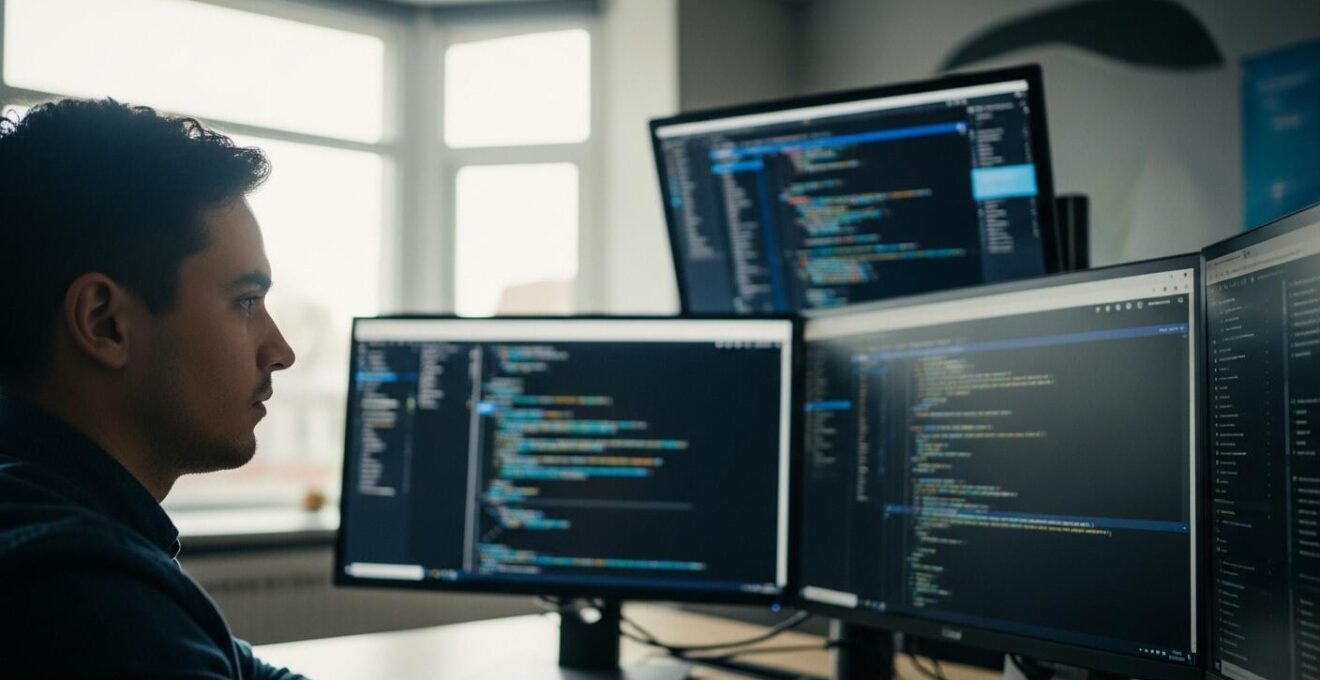 Développeur web travaillant sur un ordinateur moderne avec écrans multiples dans un espace de travail épuré.