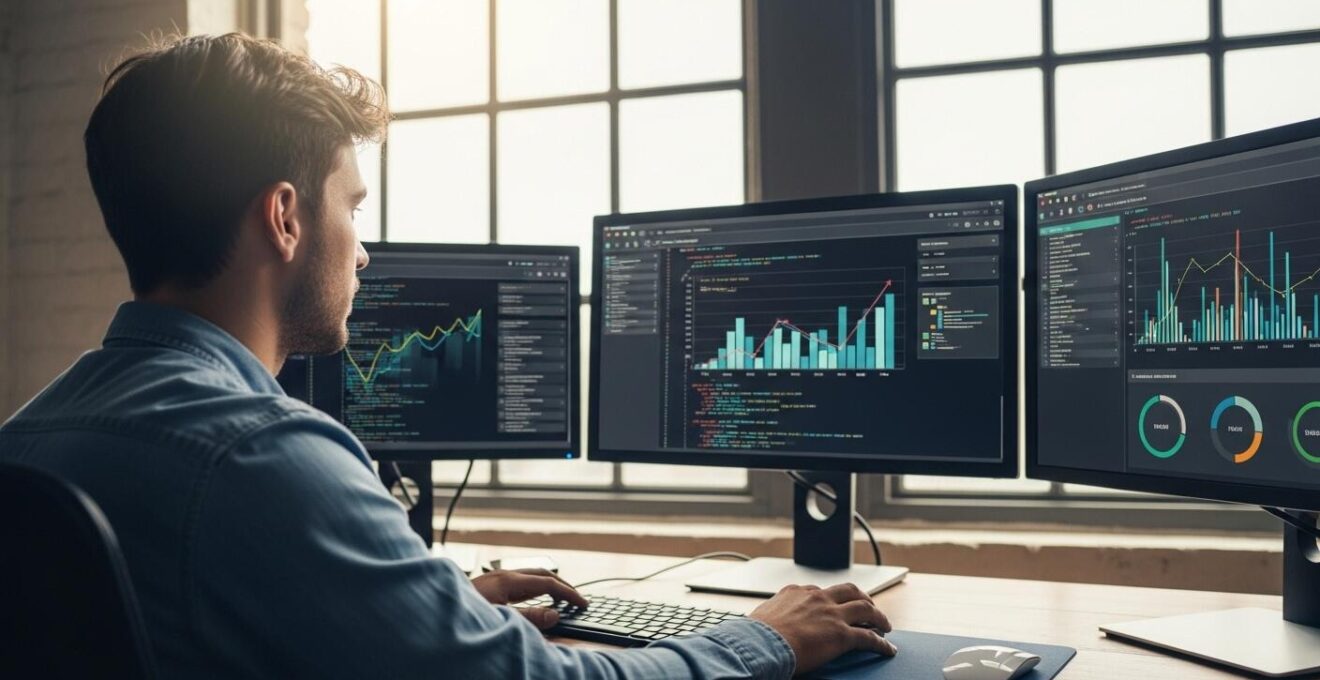 Un développeur web concentré devant plusieurs écrans affichant des graphiques de croissance et de données stratégiques.