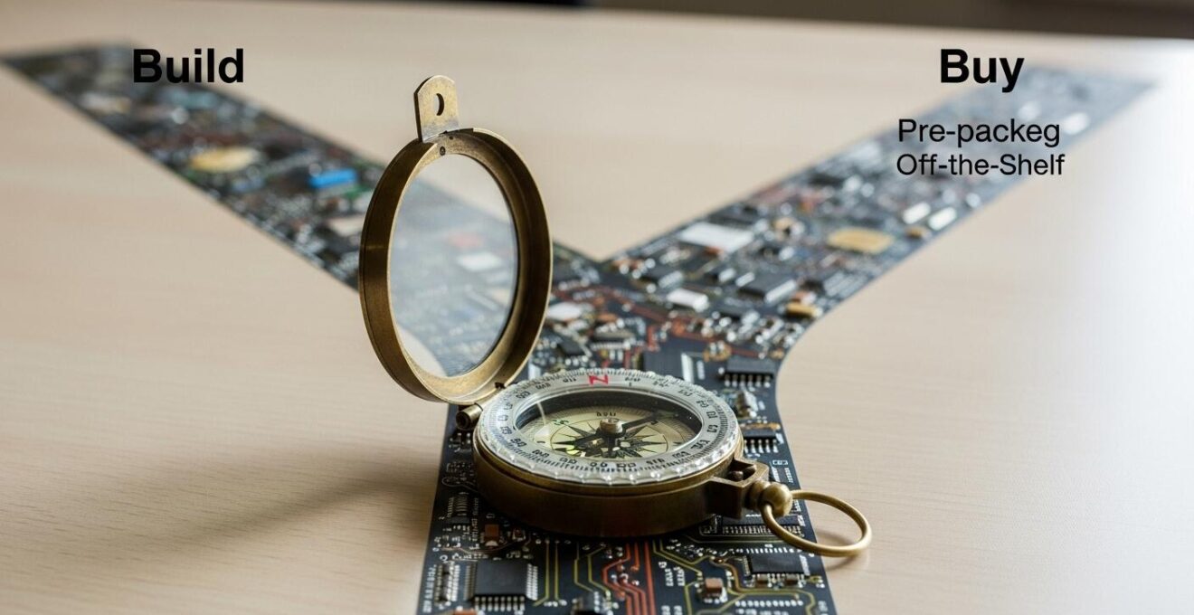 Une boussole mécanique posée sur un bureau avec deux chemins symboliques, l'un représentant la construction et l'autre l'achat