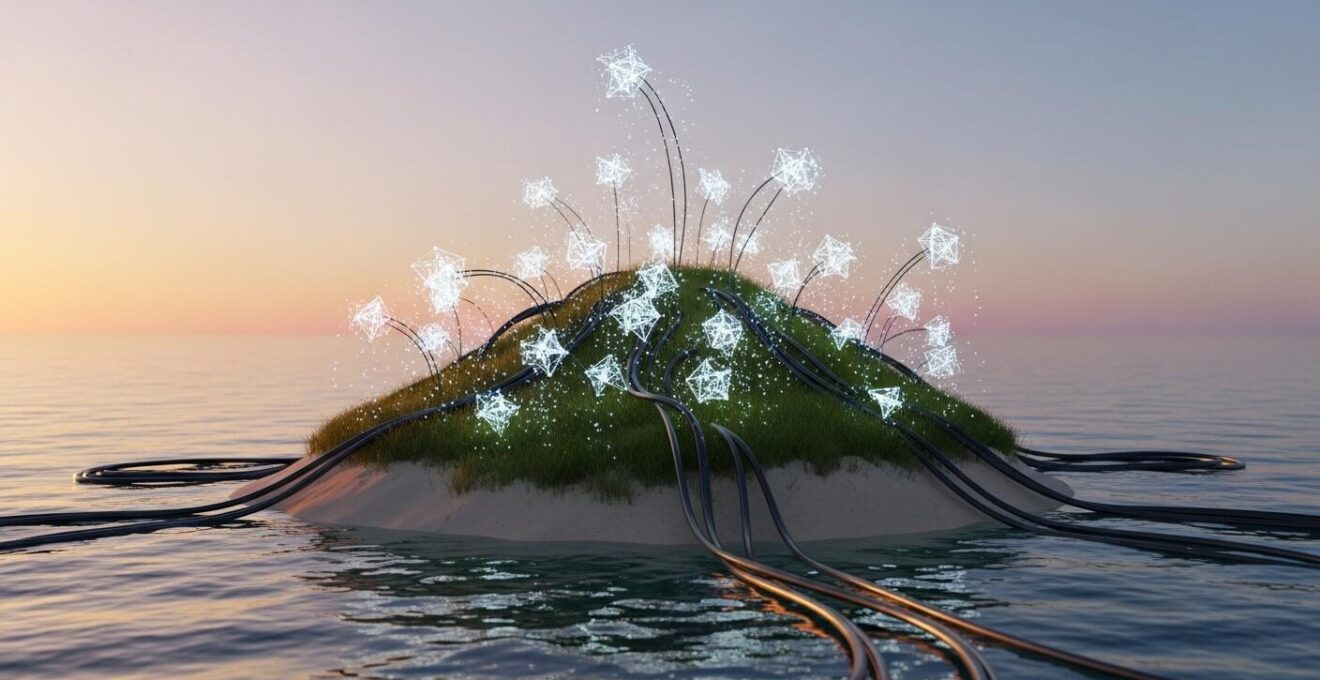 Métaphore visuelle d'une île déserte transformée en écosystème numérique vibrant