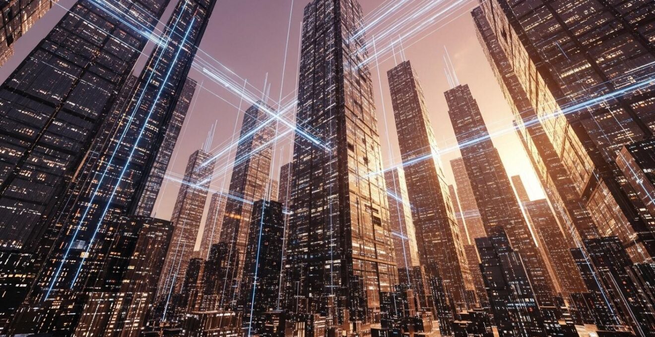 Une vue aérienne hyperréaliste d'une ville-fantaisie composée de serveurs reliés par des faisceaux lumineux, symbolisant la base de données comme fondation d'un empire numérique.