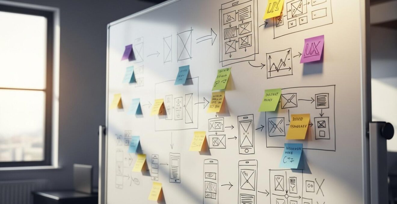 Schéma visuel illustrant les trois étapes clés de création d'une interface utilisateur UX, avec des icônes distinctes pour chaque phase.