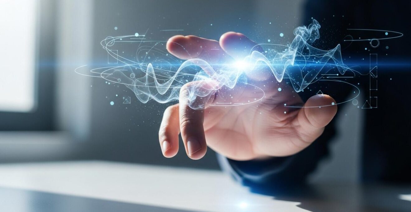 Une illustration symbolique représentant l'interaction fluide et immersive entre un utilisateur et une interface numérique moderne.