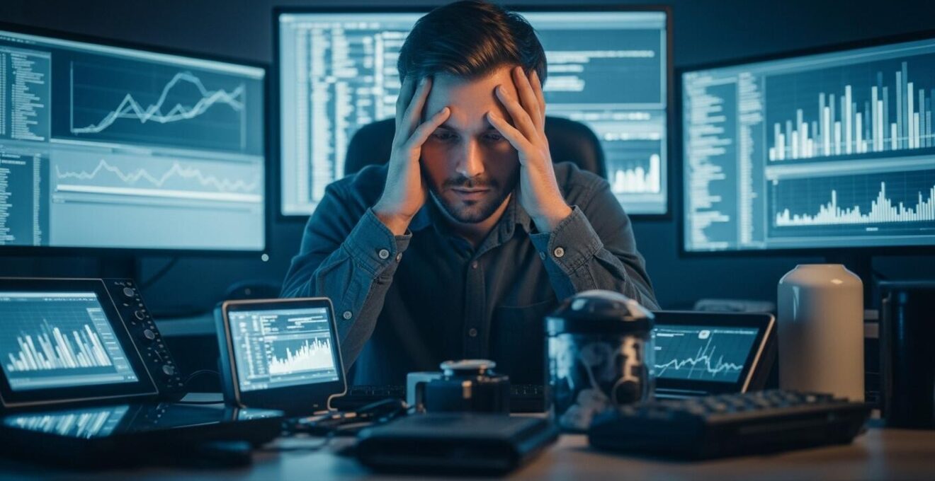 Image symbolique d'un développeur confronté à une avalanche d'options techniques et ressentant de la fatigue.