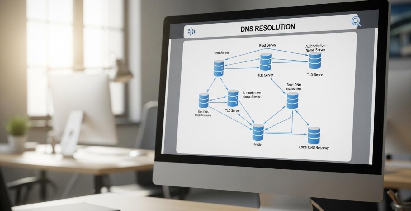 Visualisation conceptuelle du cheminement d'une requête DNS entre un ordinateur utilisateur, différents serveurs DNS et le site final.