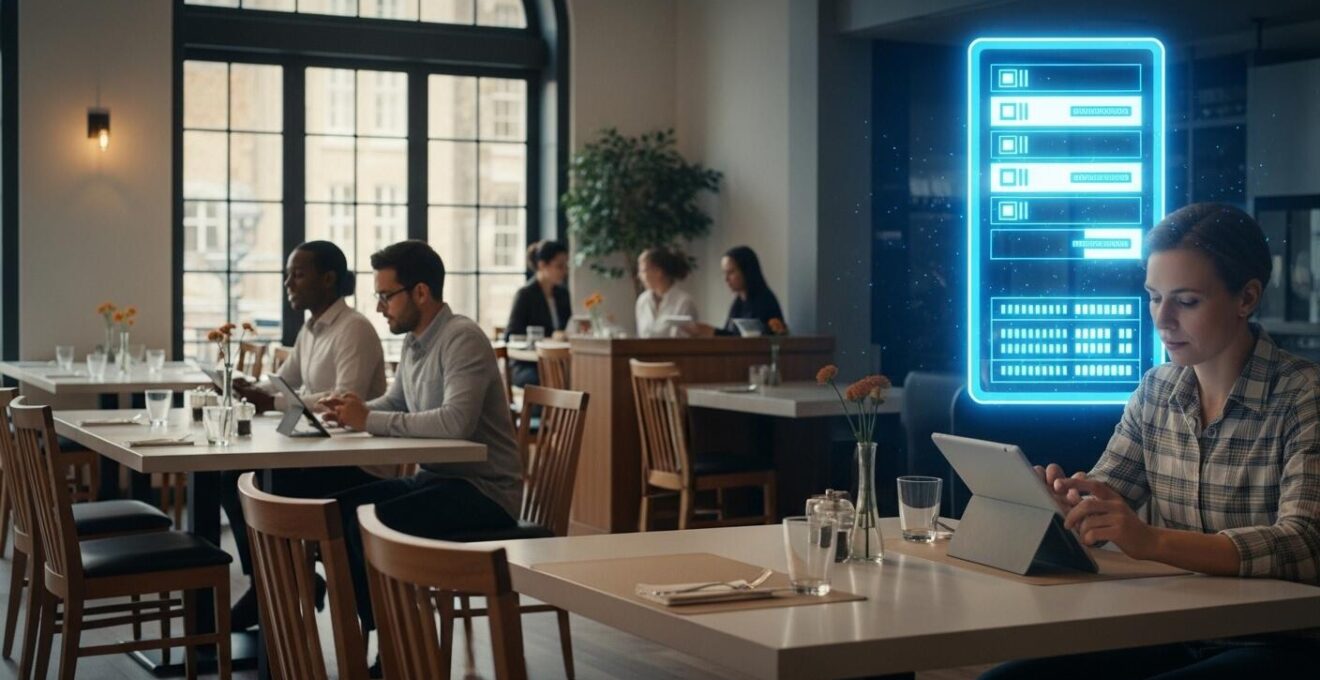Composition d'une architecture client-serveur symbolisée par un restaurant moderne animé et un serveur informatique en arrière-plan