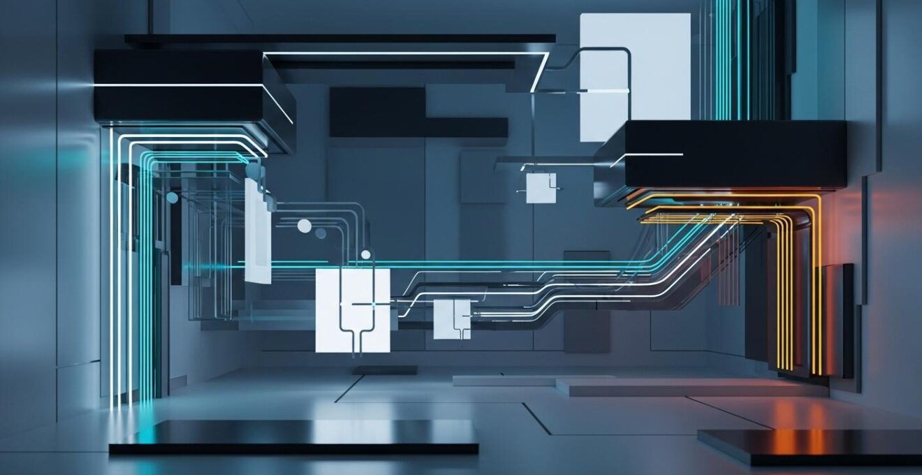 Espace minimaliste et futuriste avec des formes abstraites représentant l’intelligence artificielle et des flux de données dynamiques symbolisant la performance web.