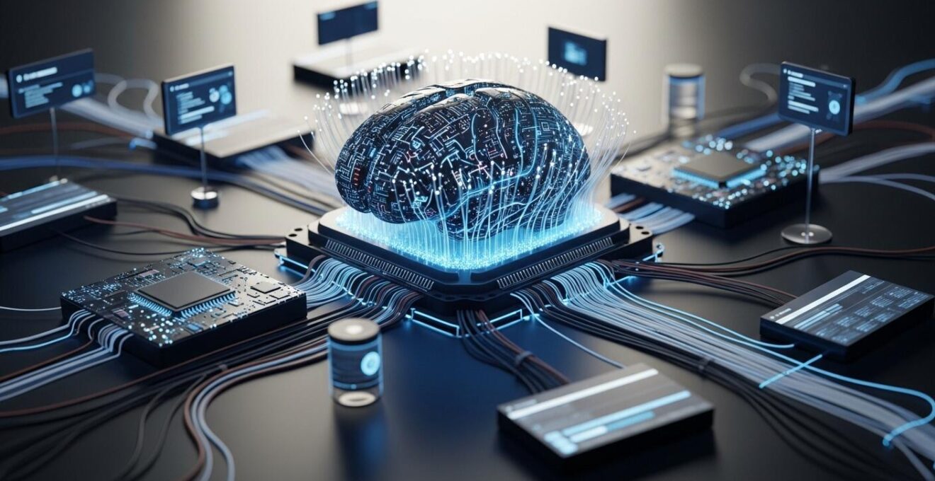 Représentation symbolique d'un cerveau technologique connecté à un réseau d'applications complexes.