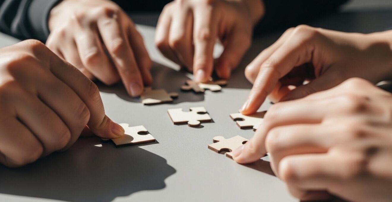 Gros plan photo sur plusieurs mains coopérant pour assembler un puzzle en bois, symbolisant le travail d'équipe et la collaboration en projets étudiants