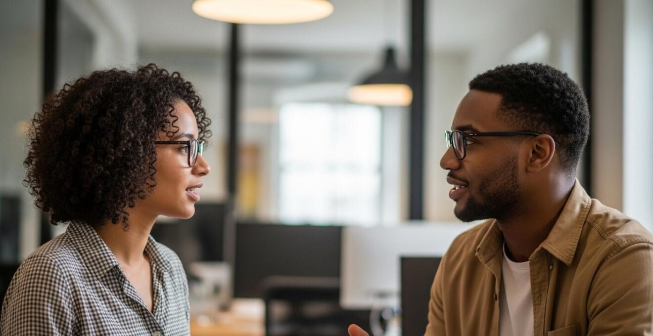 Une photo montrant une interaction humaine entre un client et un designer, échangeant des feedbacks avec écoute attentive