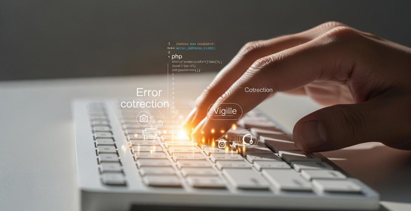 Main humaine corrigeant un bug dans un code PHP symbolisé par des flux lumineux