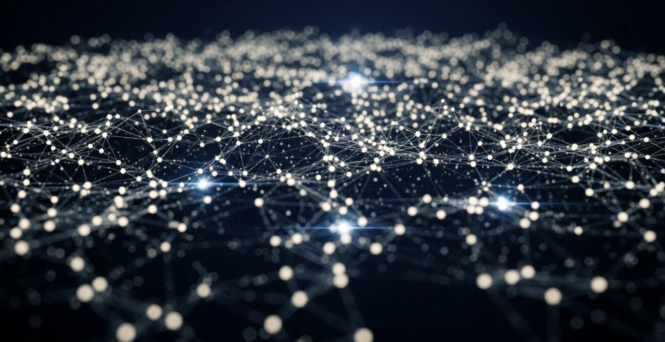 Composition conceptuelle symbolique de microservices interconnectés formant un réseau numérique lumineux