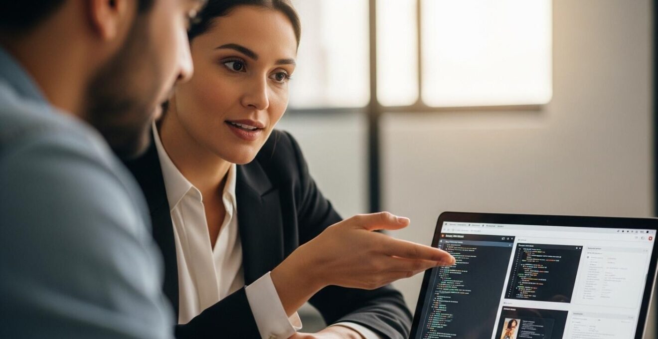 Un recruteur examinant un portfolio de développeur sur un ordinateur portable, échangeant avec un candidat.