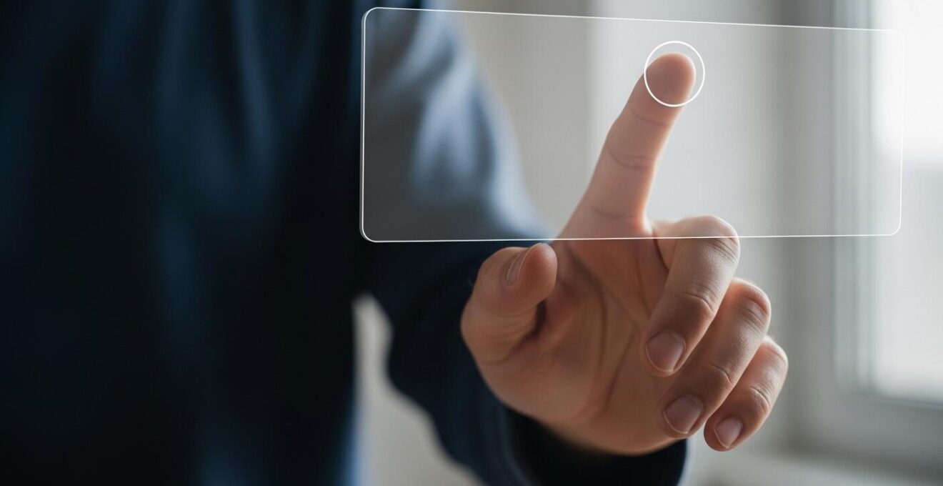 Photographie hyperréaliste d'une interaction fluide entre une personne et un écran digital minimaliste