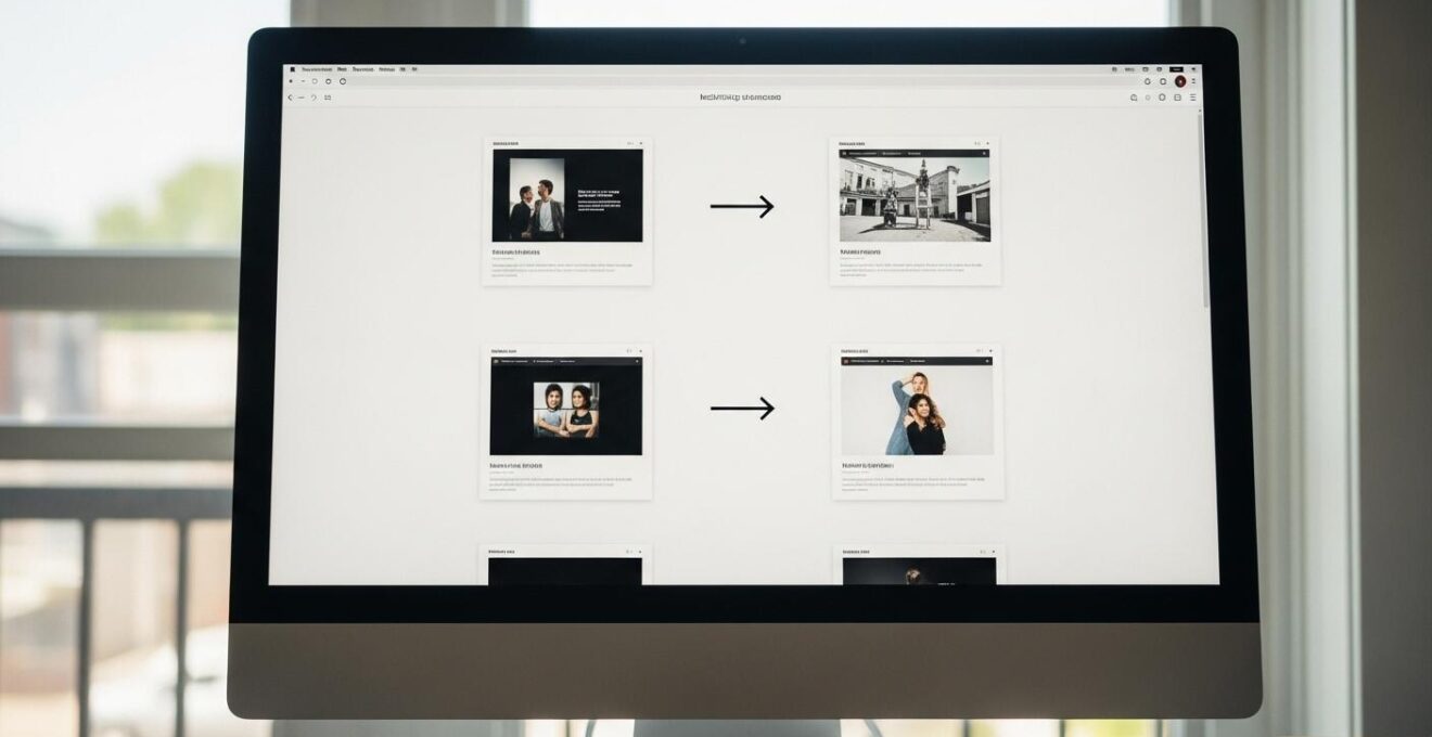 Vue conceptuelle d'une interface web moderne sans rechargement complet, avec transitions fluides entre contenus.