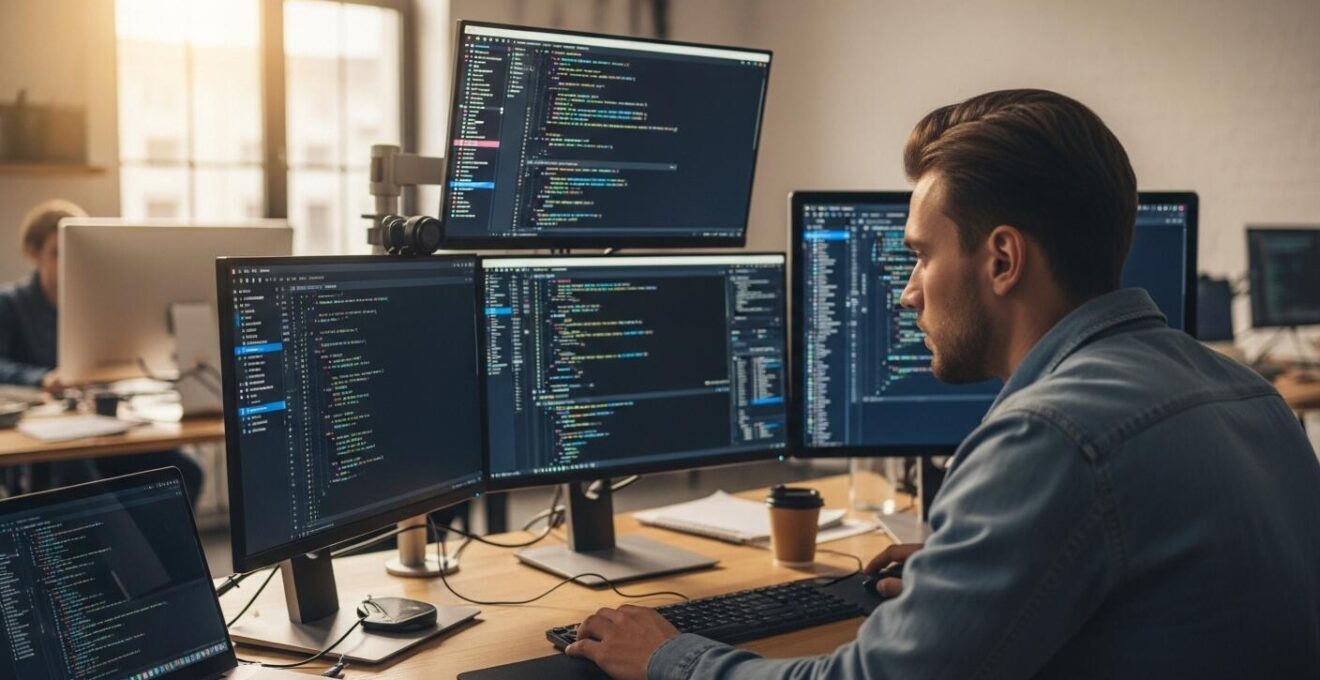 Un jeune adulte, concentré devant plusieurs écrans affichant du code et des schémas, dans un espace de coworking clair.