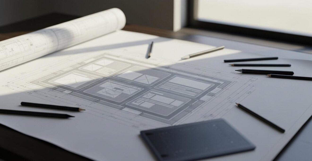 Illustration symbolique représentant la maquette graphique comme plan détaillé guidant la création d'un produit souhaité.