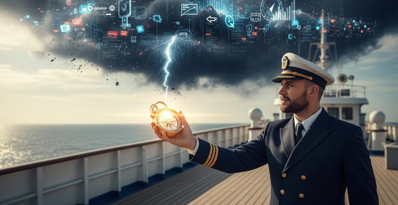 Un chef de projet web symbolisé comme un capitaine guidant un navire dans une tempête numérique