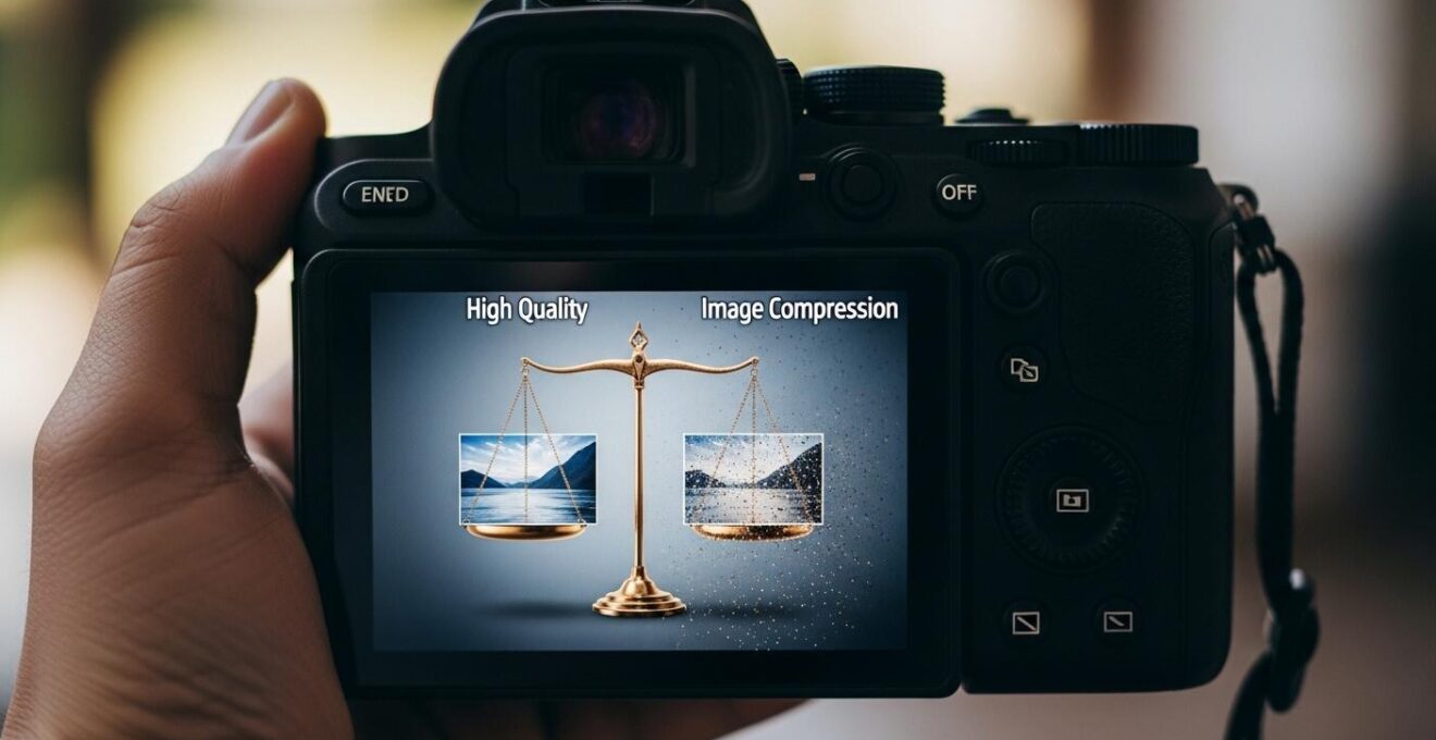 Gros plan sur une main manipulant un appareil photo numérique et visualisant un écran montrant une balance entre qualité d’image et compression.
