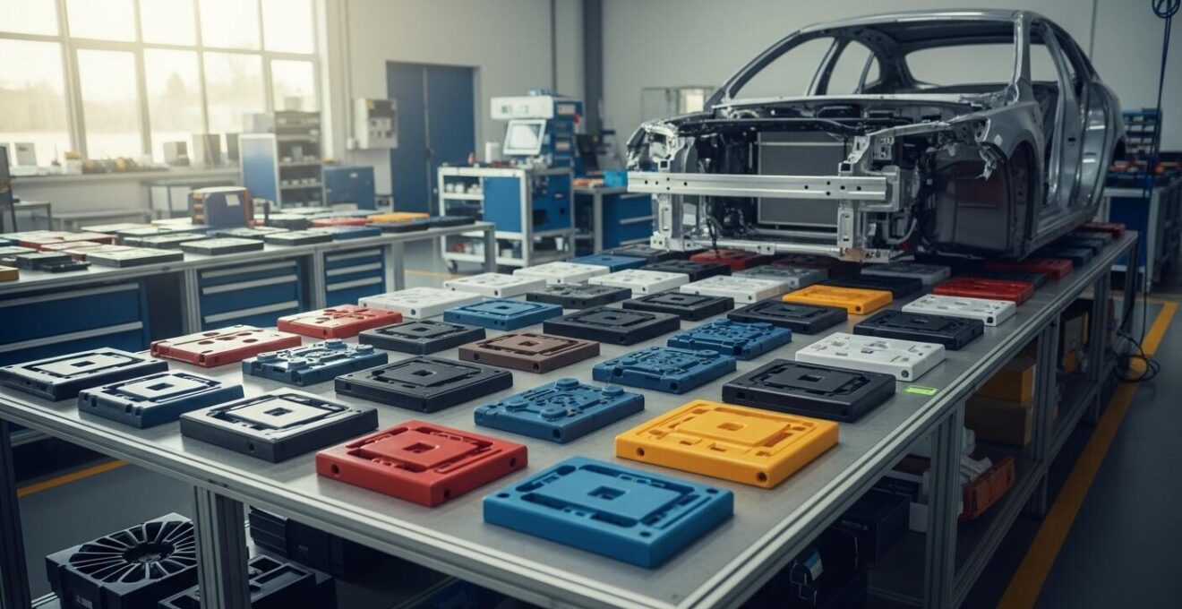 Concept symbolique montrant la puissance des frameworks en informatique avec une voiture en construction modulaire.