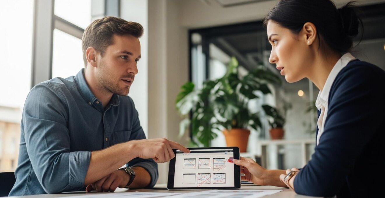Photographie réaliste d'une réunion professionnelle intense entre un architecte web et son client, échangeant autour d'un ordinateur