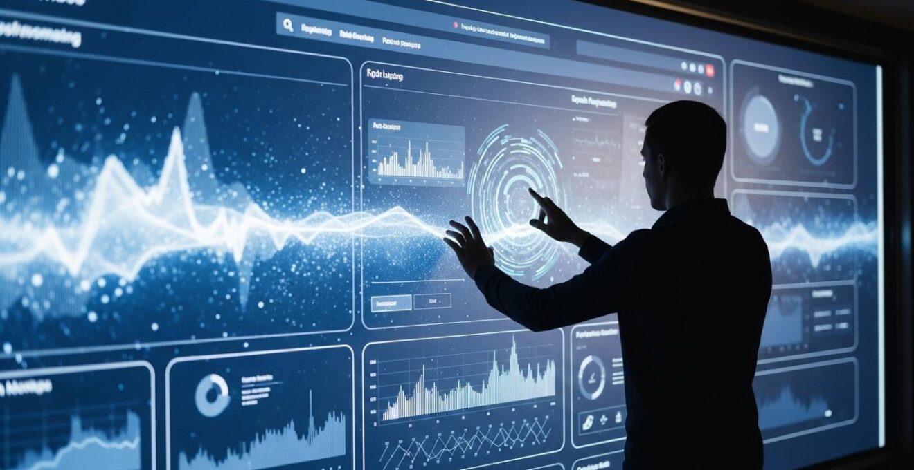 Une métaphore visuelle d'un site web performant symbolisé par une vitrine digitale éclatante et dynamique, avec une silhouette humaine interagissant avec une interface lumineuse.