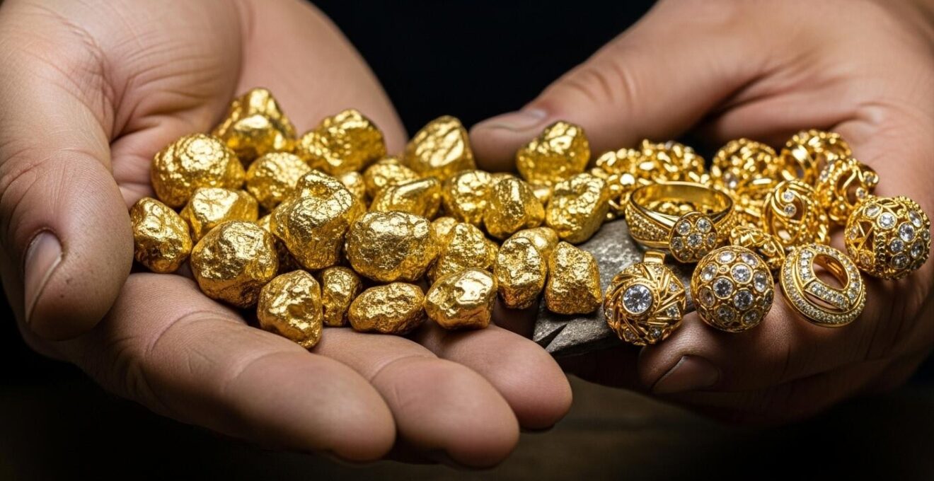 Métaphore d'une main tenant des pépites d'or se transformant en bijoux raffinés